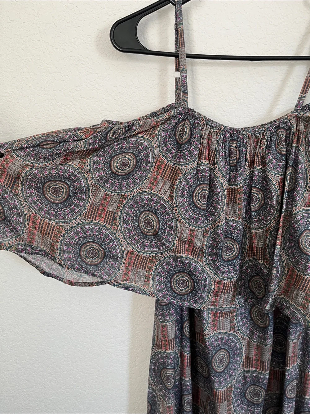 Market Place Boho Printed Maxi Dress with Spaghetti Straps in Gray and Brown